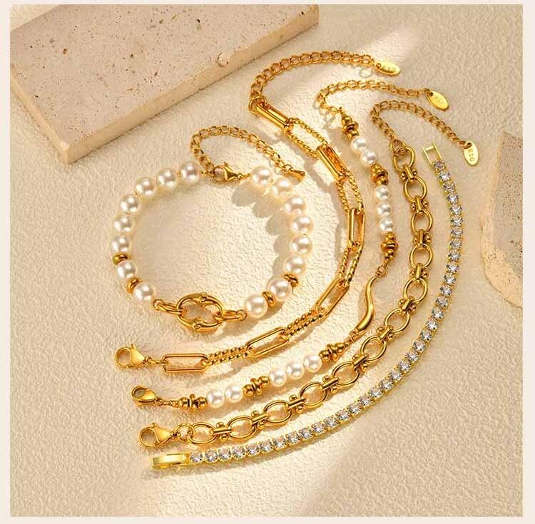Elegant Pearl Cubic Zirconia Bracelets for Women, Stainless Steel Stackable Bracelet Chunky Jewelry