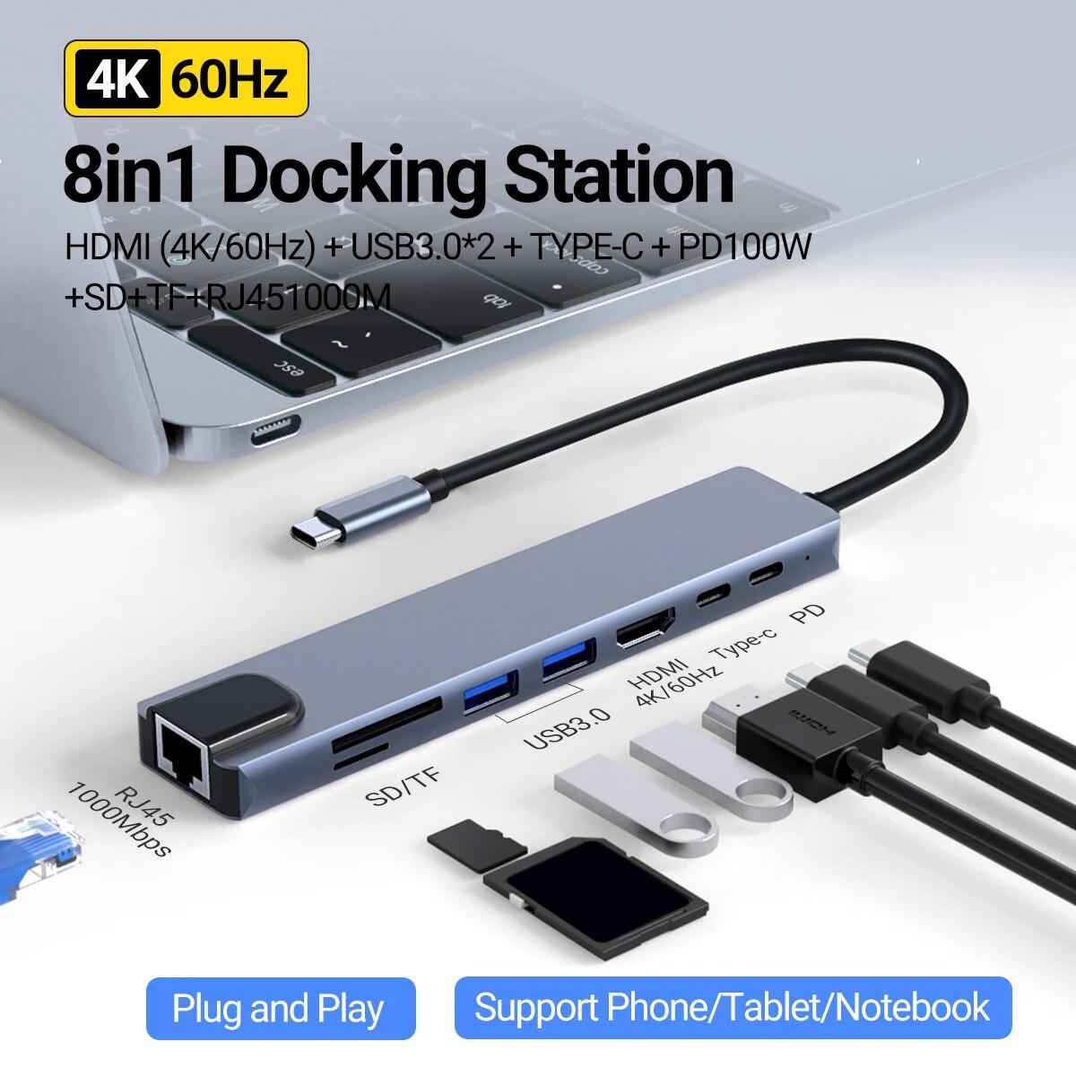 

Многопортовый адаптер USB-концентратора 8-в-1 с HDMI, 60 Гц, PD, 100 Вт, подача питания, 100 Мбит/с Ethernet для MacBook Pro XPS Chromebook