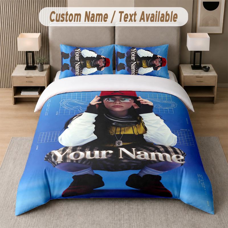 Billie Eilish 3Pcs Bedding Set, Personalized Custom Name Text, 1 Duvet Cover & 2 Pillowcases For Bedroom
