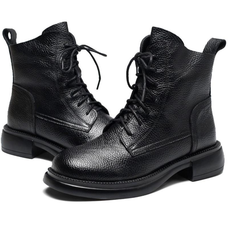 Damen Stiefeletten Rindsleder Stiefel Damen Lederstiefel Runde Spitze Schnürung Leder Kurzer Schaft Winter Samt Kurze Stiefel Frau