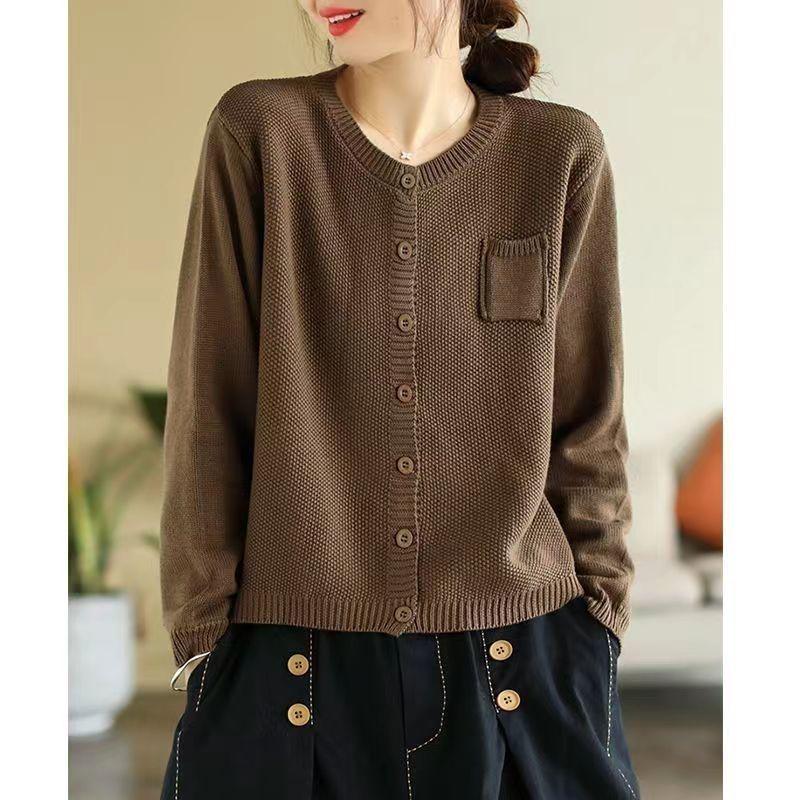 Women's Retro Knit Cotton Cardigan: Round Neck, Long Sleeve, Autumn Casual Short Sweater.