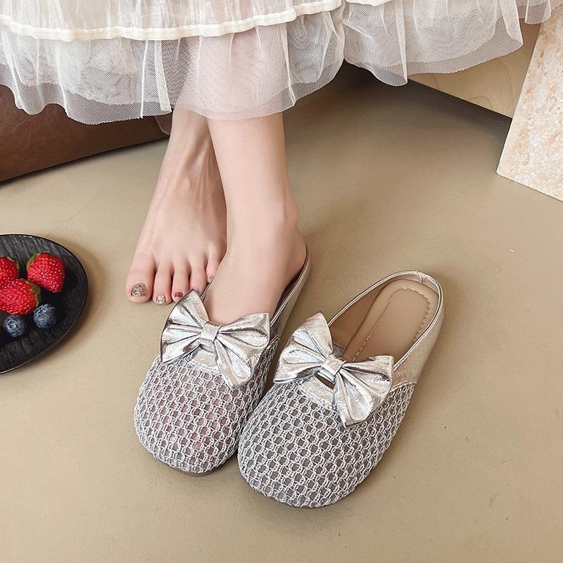Fashion Baotou Slippers Women's Round Head Mesh Breathable Bow Outer Wear Soft Bottom Light Anti-slip Beach Semi-drag