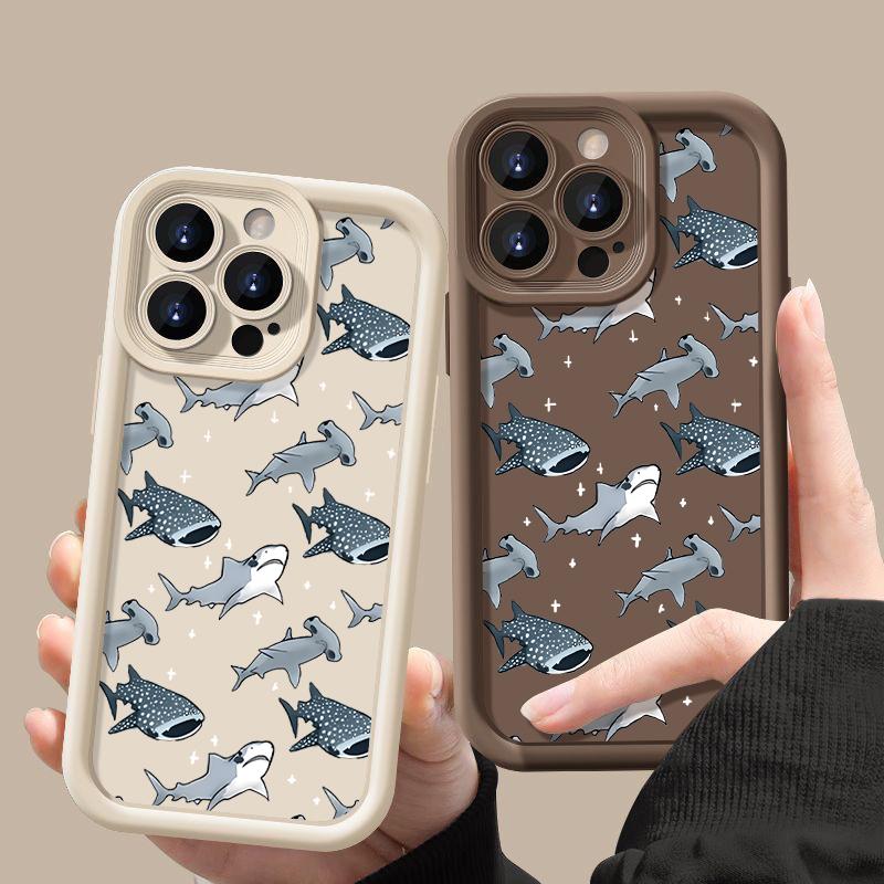 For iPhone 16 16E 15 Pro Max 14 Pro 13 12 11 Case Cartoon Shark Pattern Anti-Fall Matte TPU Lens Protection Shockproof Soft Phone Cover