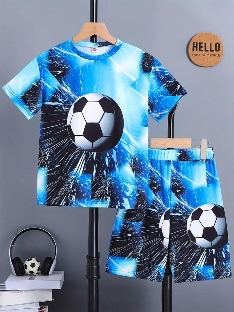 Fußballtrikot Jungen Set Mode Fußball Print Sommer Sportset Locker Atmungsaktiv Kinder Oberteile Freizeit Leicht Jungen Kleidung