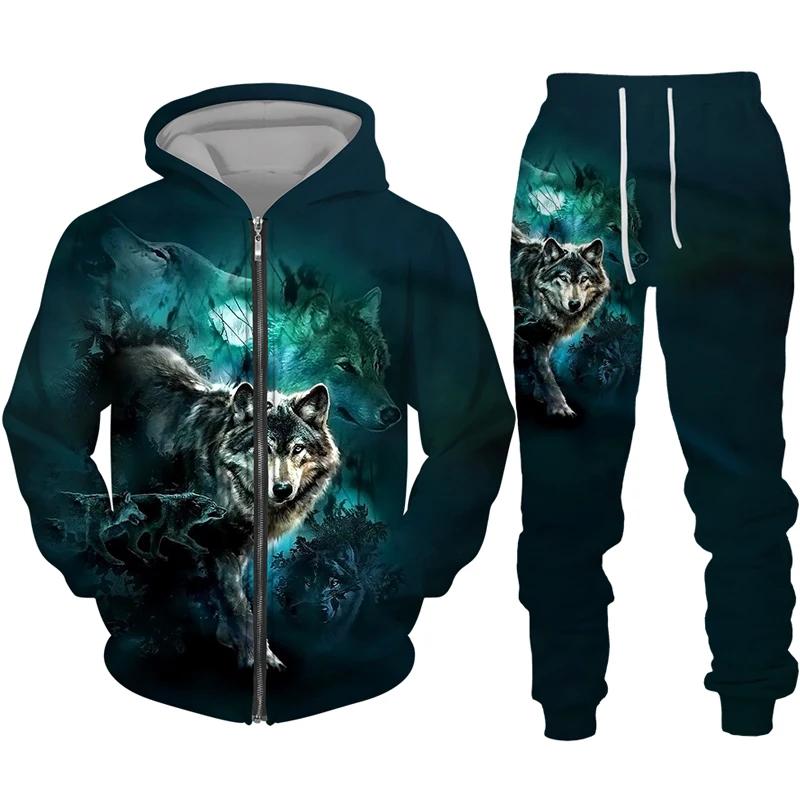 Men's Zipper Hoodie Set 3D Printed Animal Wolf Sportswear/Pants Casual Street Long Sleeve Loose Spring Autumn 2 Piece Set