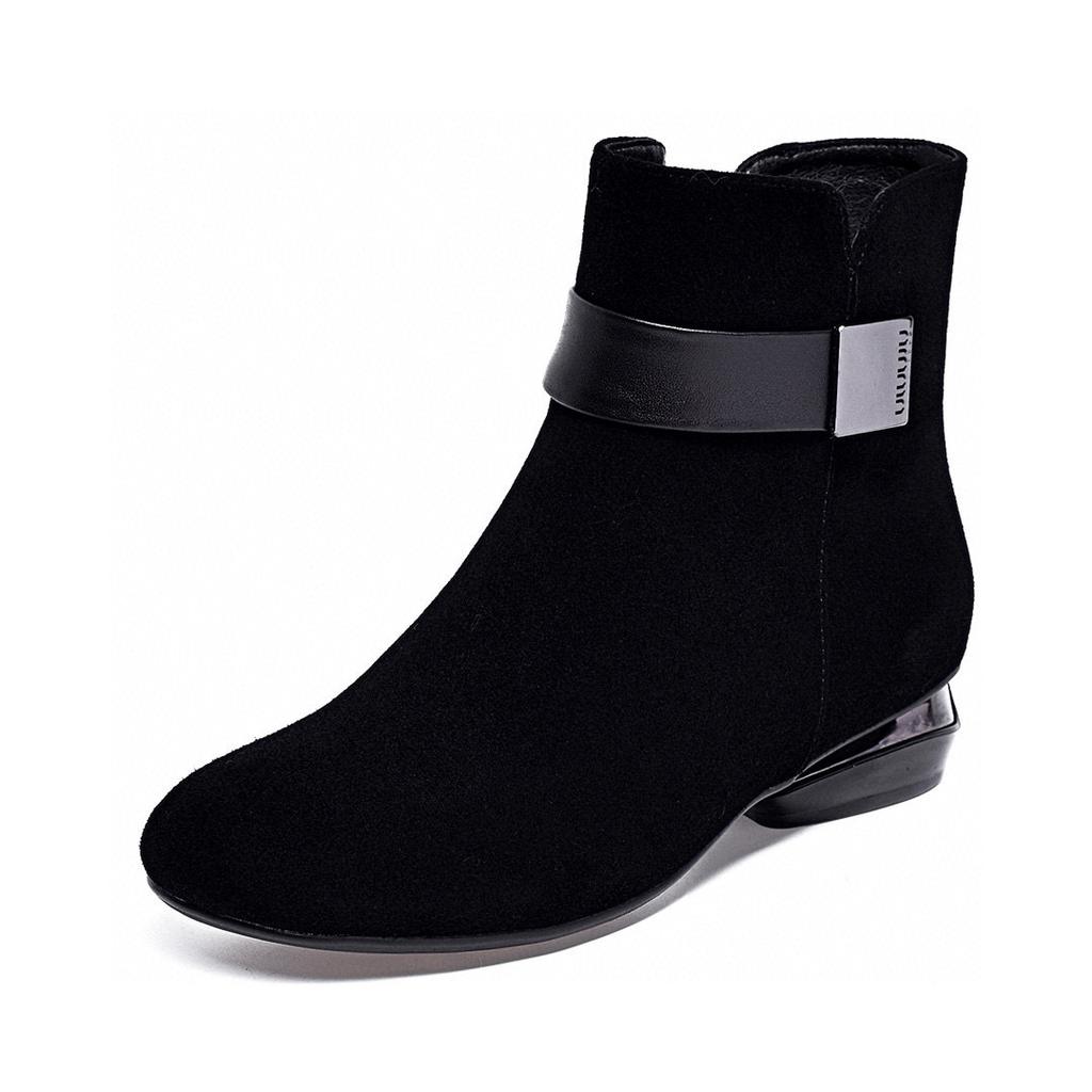 Rundkopf Kurzstiefel Damen Herbst und Winter neu niedrig Absatz eckige Schnalle schwarz Schafsleder Baumwollstiefel Damen Lederstiefel lässige flache Stiefel