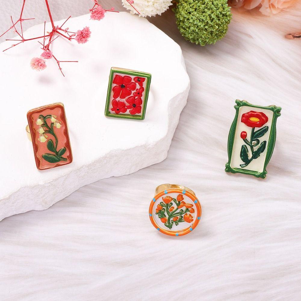 Ethnic Style Enamel Flower Ring French Glazed Ring Luxury Vintage Ring Women