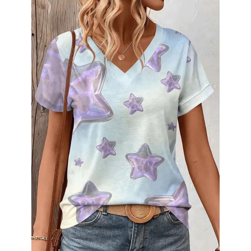 Fashion Women's V-Neck Short Sleeve 3D Casual Color Printing Casual Short Sleeve V-Neck T-Shirt