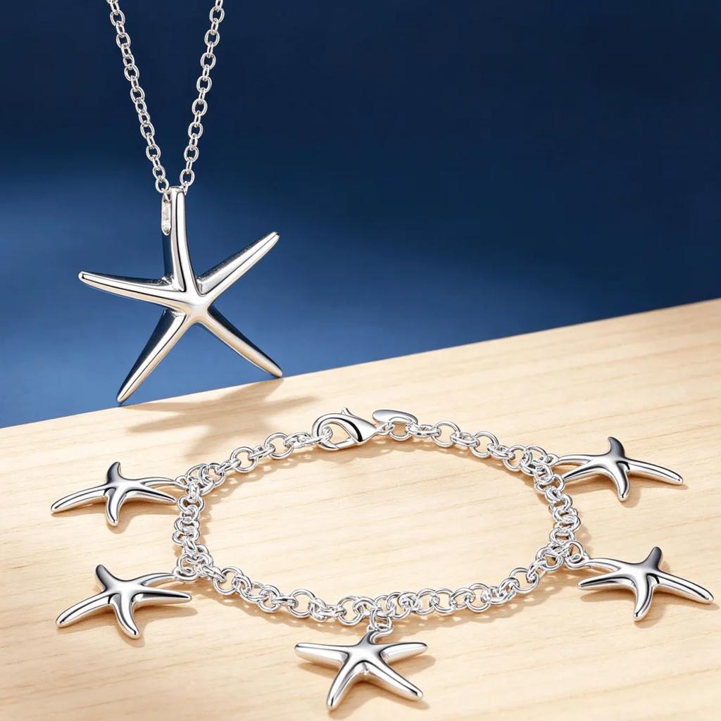 Fine Jewelry Sets 925 Silver Lovely Starfish Chain Necklaces Bracelet for Women Fashion Party Wedding Gifts