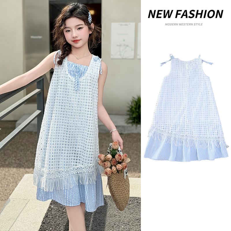 Women's clothing 2026 summer new layered hollow dress, mid size children's vacation style striped two-piece set, stylish