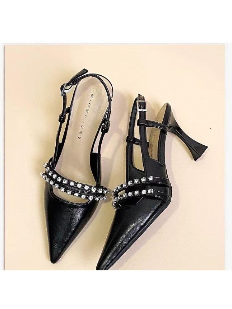 

Fashion New Silver High-heeled Women s Rhinestone One-strap Sandals with A Shallow Mouth, Pointed Toe, Thin Heel and Wrapped Toe 34