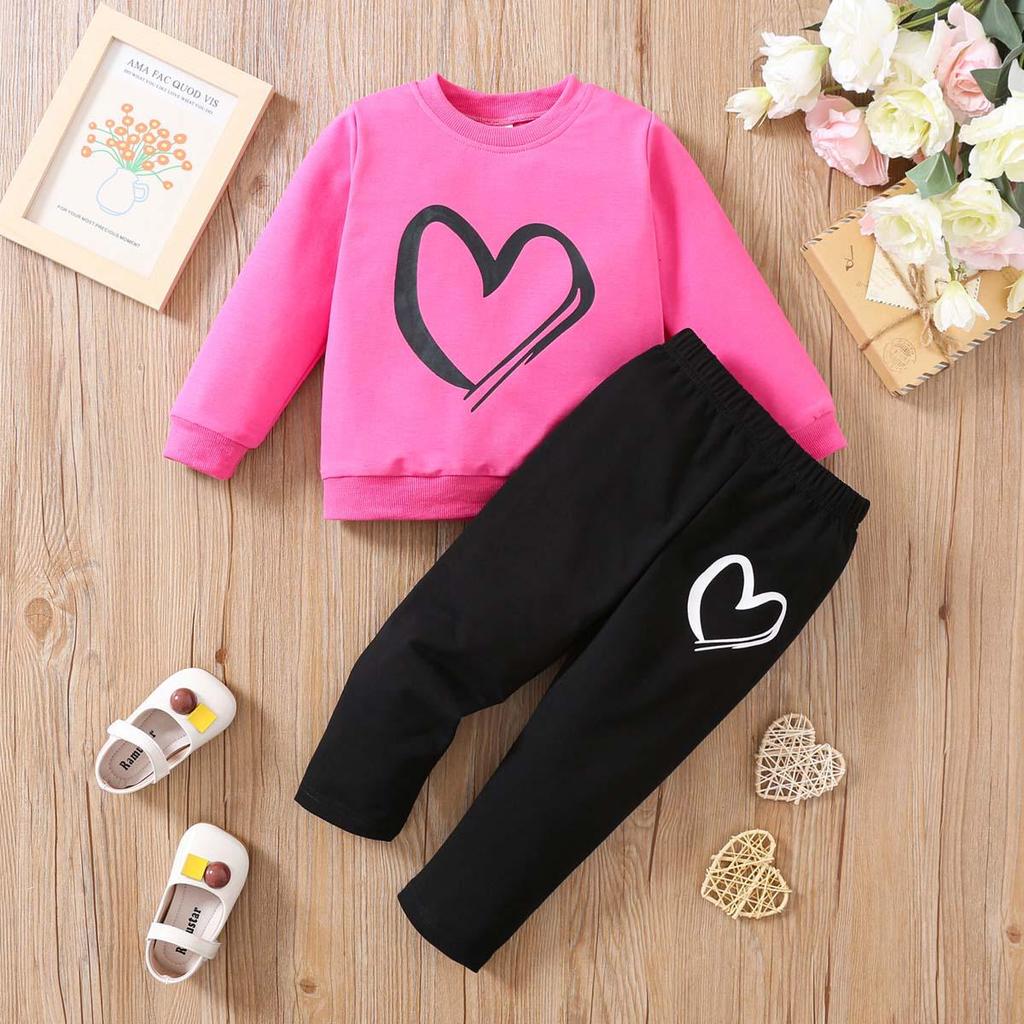 Girls' Heart Print Pullover Two-Piece Set: European/American Spring/Autumn Valentine's Day Children's Fashion.