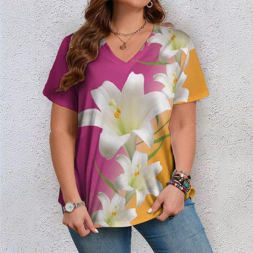Fashionable Floral 3D Digital Printed Women's Casual and Comfortable V-neck Short Sleeved T-shirt
