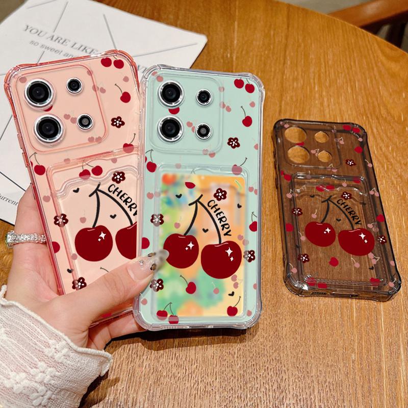Cherry Pattern Soft Silicone Slim Phone Case For Xiaomi 14T 13T Pro Poco F6 X6 Pro C65 Redmi Note 13 12 Pro 11 Shockproof Clear Card Slot Back Cover