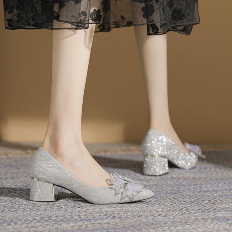 Women's Shoes Bride with Bow Ladies Pumps Pointed Toe Medium Heels Spring Discount Chic Point High Quality Luxury Brand Popular