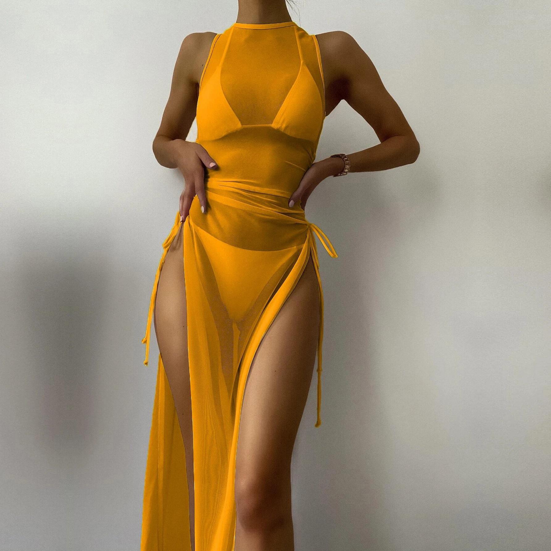 

Купальник женский с разрезом на трехточечной завязке, сплошной цвет, сетчатые комплекты бикини из трех частей S жёлтый