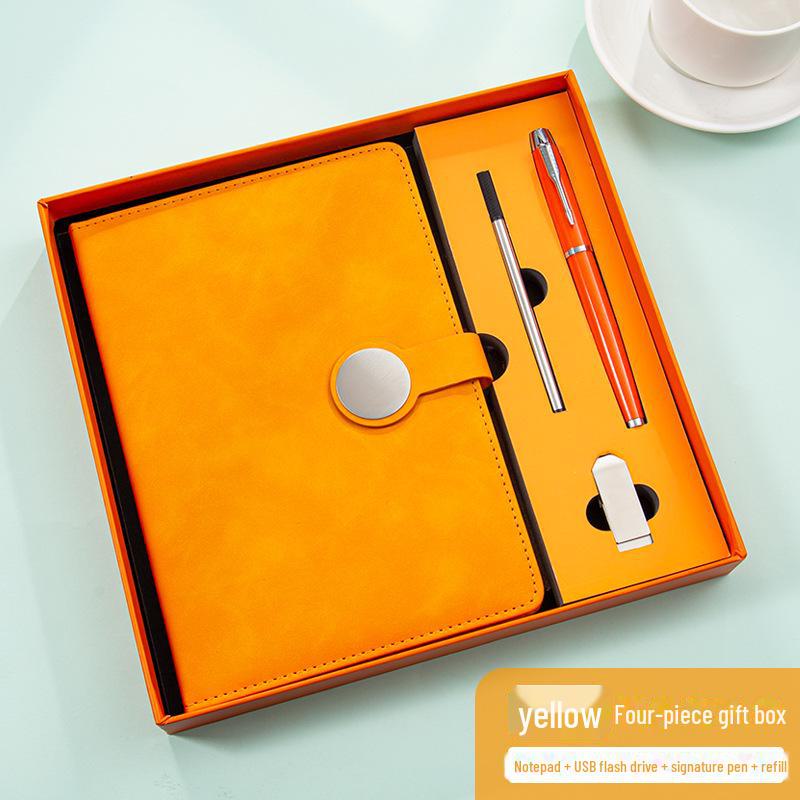 Set de regalo de cuaderno retro de alta gama: Incluye bloc de notas con hebilla redonda, manual, unidad USB y cierre magnético para reuniones de negocios.