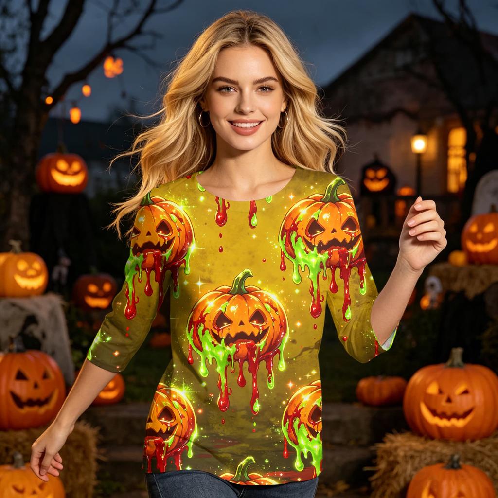 Women’s Casual Three Quarter Sleeve Halloween Skull Print Top Crew Neck Relaxed Fit Soft Lightweight Blouse Shirt