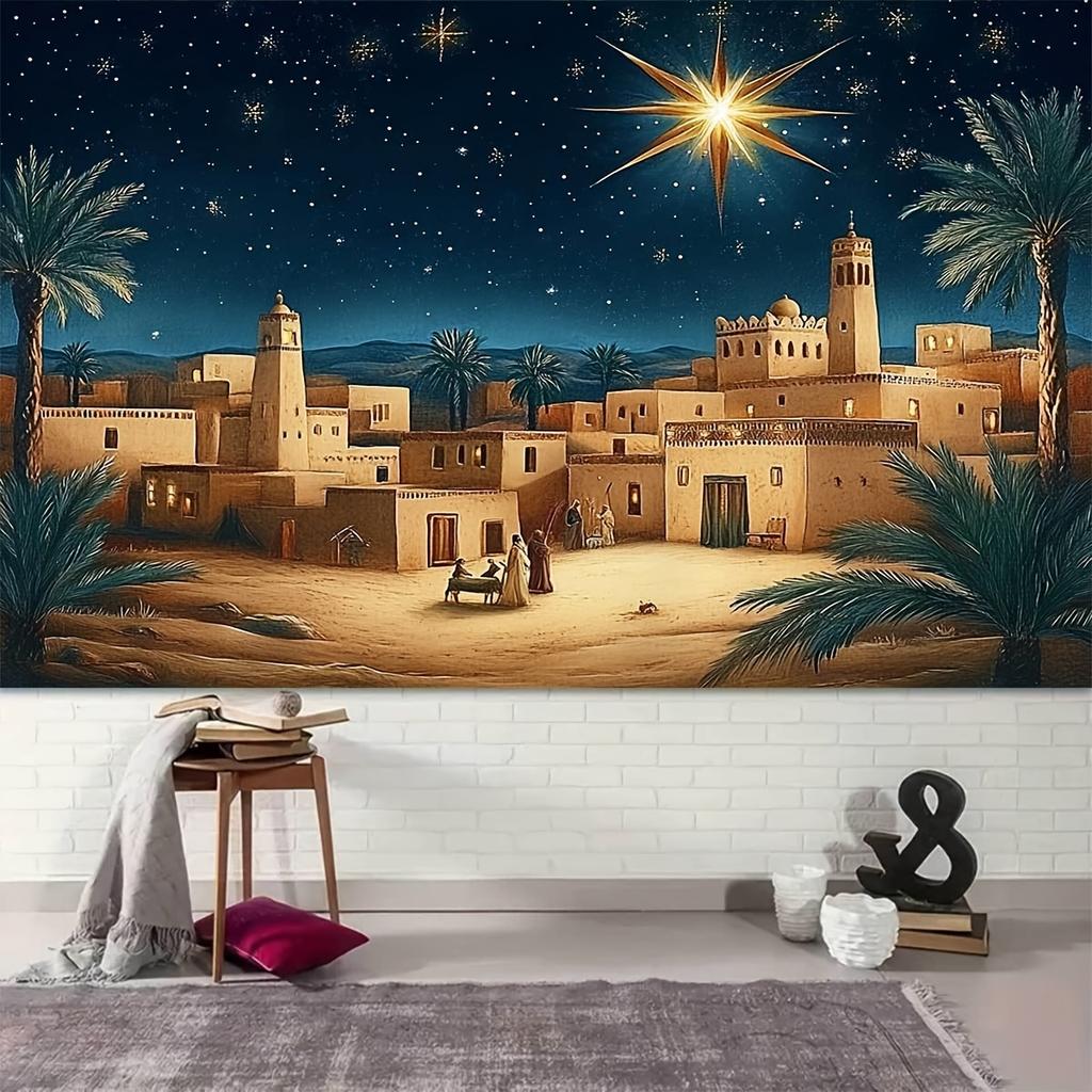 1 Bethlehem Star Christmas Background Banner - Peaceful Night Sky and Palm Tree Design, Multiple Sizes To Choose from