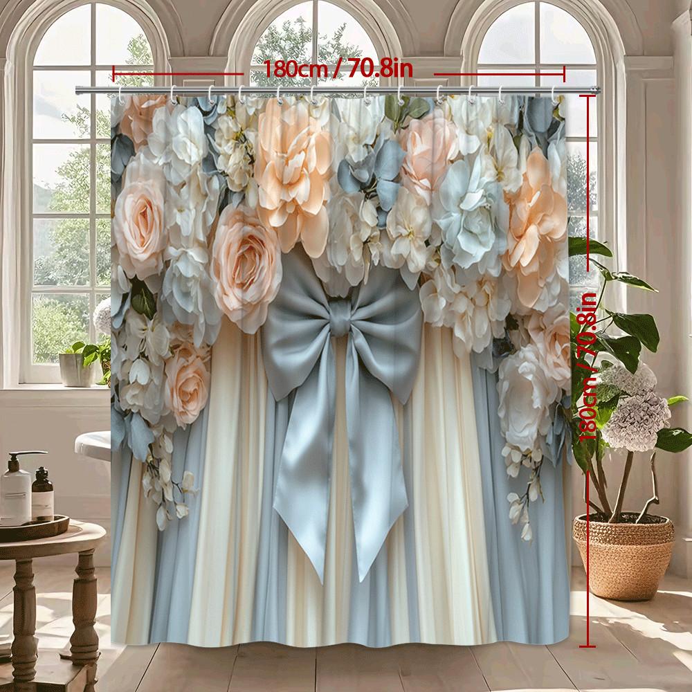 Romantic Floral Bouquet Shower Curtain Peach White Roses And Satin Bow Elegant Wedding Style Decor Waterproof Non-Toxic Material