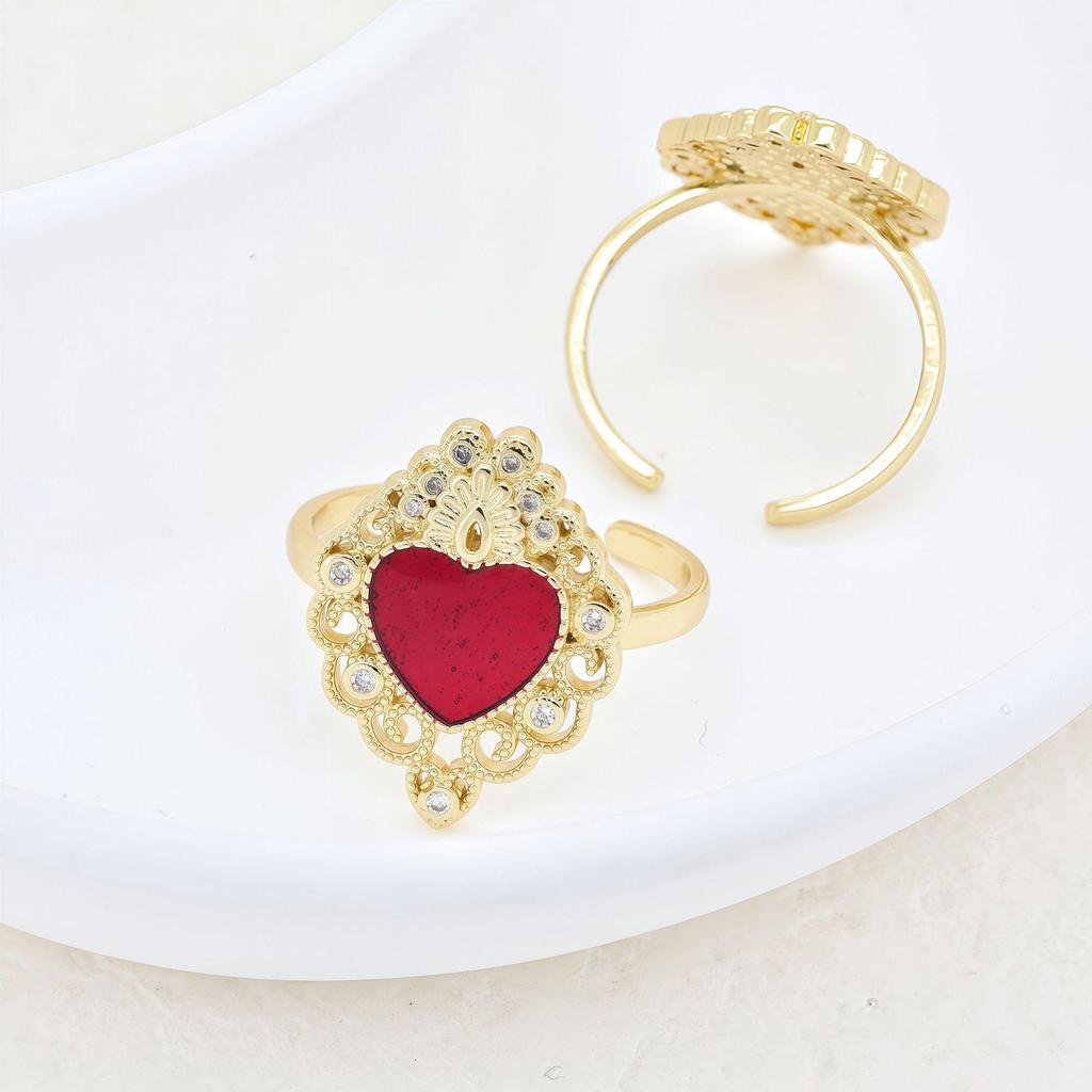 Anello a Forma di Cuore in Oro 18K Placcato con Zirconi e Finitura a Goccia d'Olio