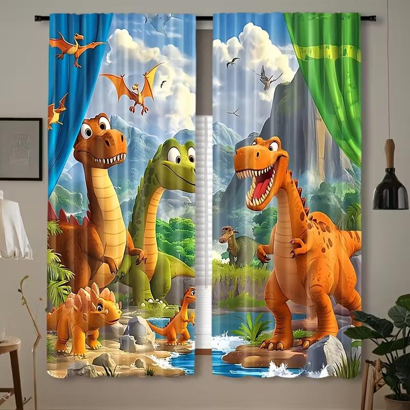 

2 Pcs Dinosaur print curtains,suitable for bedroom,living room kitchen decoration,home decoration,window decoration 14Wx39L(35x100CM)x2&Rod Pocket
