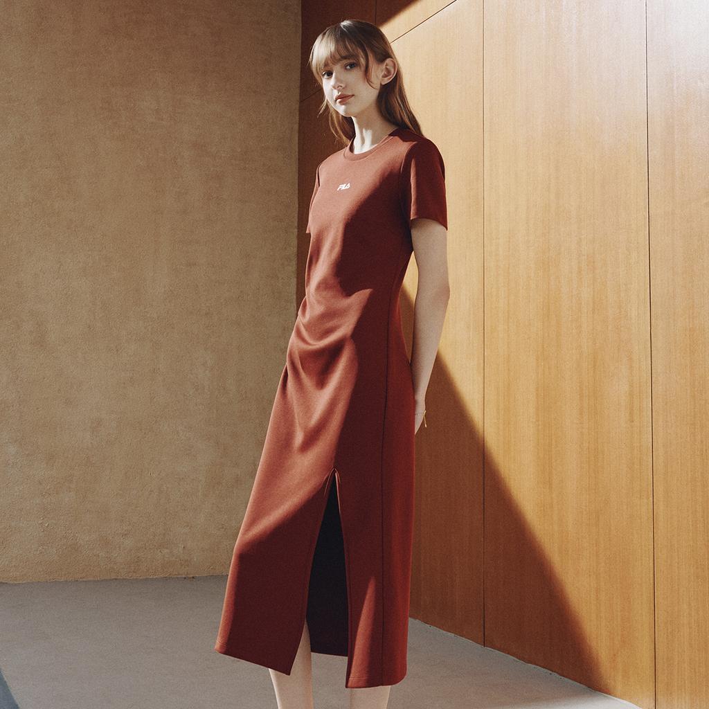 FILA Original Split Goddess Dress III Fashion Simple Classic Retro Elegant Relaxed Casual Versatile Comfortable Short Sleeve Maxi Dress F51W629304FBN