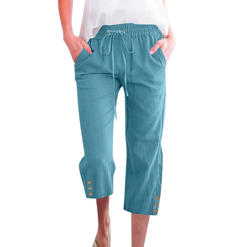 Spring Solid Color Cotton Linen Drawstring Cropped Pants