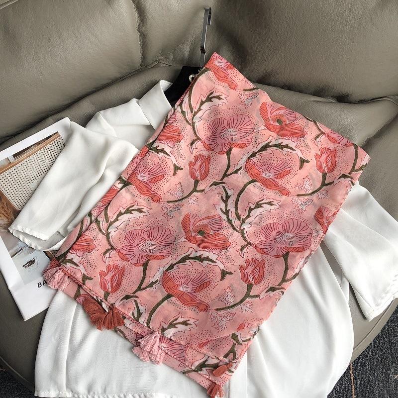 New Luxury Brand Lovely Floral Tassel Cotton Viscose Shawl Scarf Lady High Quality Soft Wrap Pashmina Stole Bufanda Muslim Hijab
