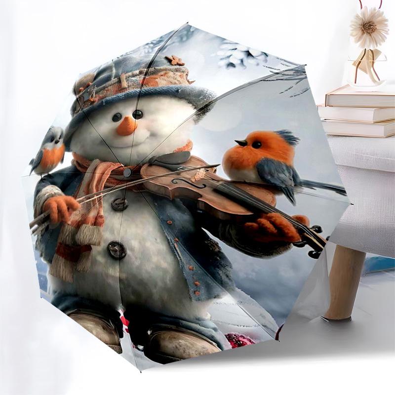 

1pc Snowman Violin Player with Birds Automatic Opening Umbrella with Foldable Design, 8-Iron Frame, Festive Gift for Fans, Travelers & Daily Use.K081
