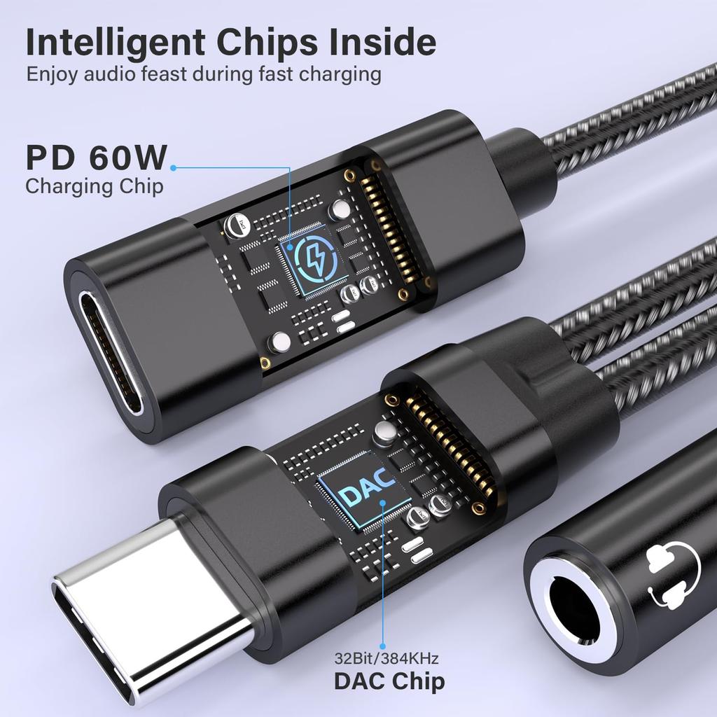 USB C To 3.5mm Headphone and Charger Adapter, 2 In 1 USB C To Aux Audio Adapter & 60W Fast Charging Dongle Compatible with iPhone 16/16 Pro/15,