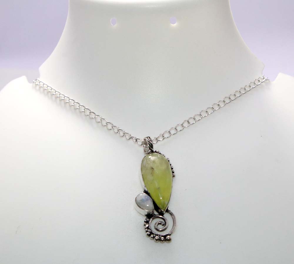 Leaf Prehnite Rainbow Moonstone 925 Silver Plated Necklace 18" Well Made Gift l4T62