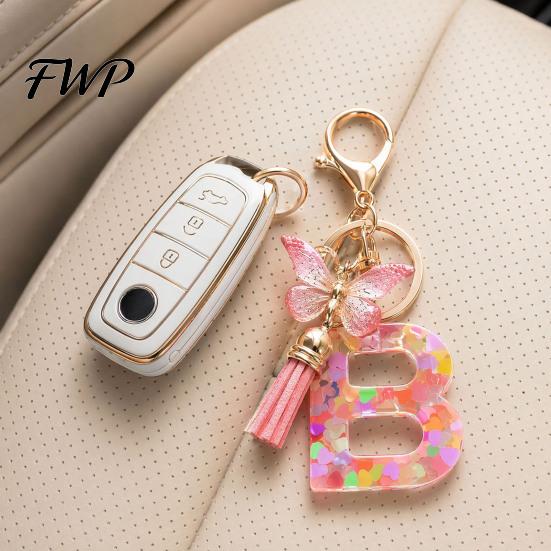 Initial Letter Charm Keychain Pink Series Pendant, Sequins Heart Key Chain with Holder Pendant Butterfly Tassel Design, A-Z for Bag Purse Backpack