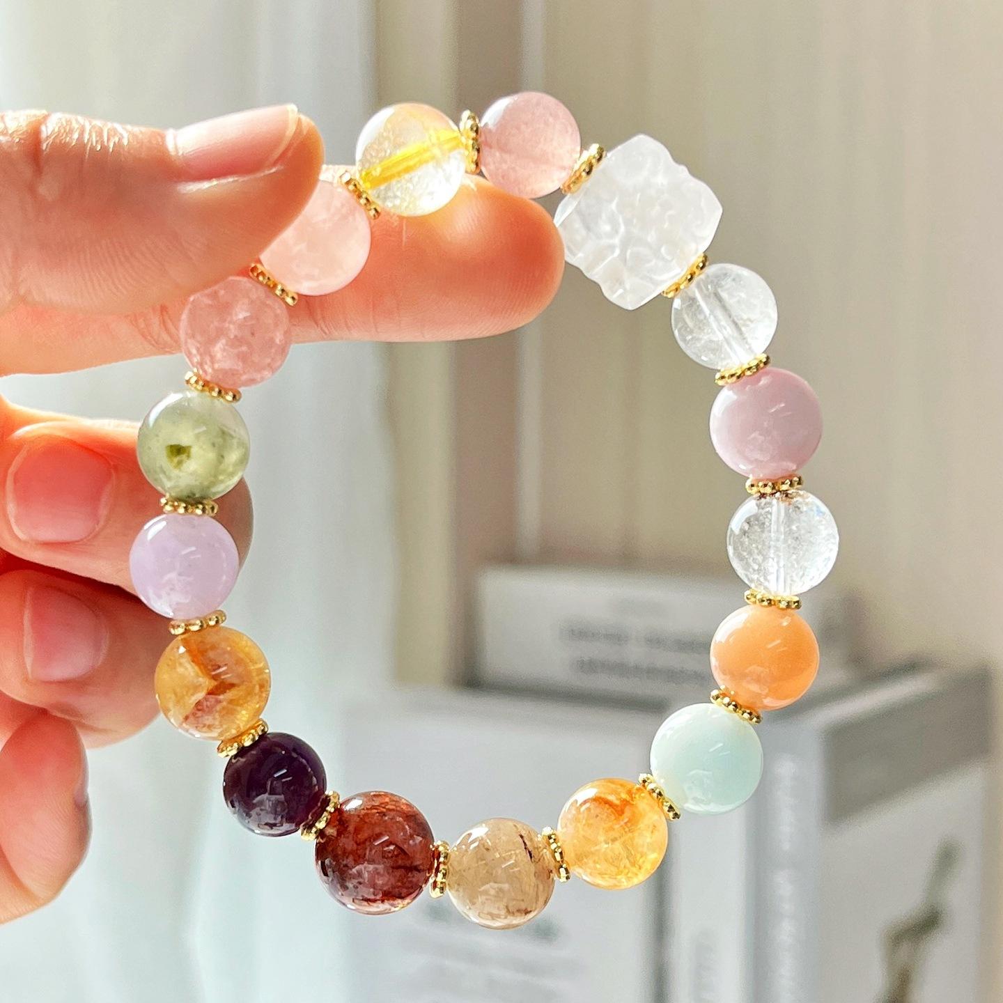 

Natural Duobao Crystal Backcloud Square Brand Citrine Purple Lithium White Crystal Sunstone Black Gold Super Seven Powder Crystal Bracelet