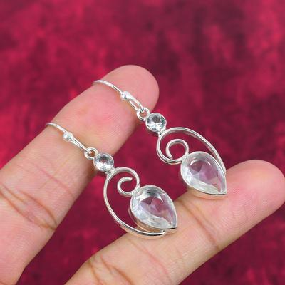 White Topaz 925 Solid Sterling Silver Earrings, Handmade Gemstone Jewelry Earrings For Memorial Day