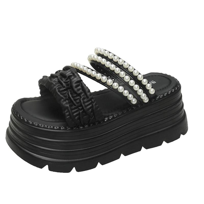 Fashion 8CM New 2025 Pearl Strap Chunky Sandals Women Summer High Platform Wedges Slippers Woman Fashion Heels Thick Bottom Beach Slides