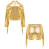 Mädchen Tanzjacke Quasten Fransen Metallic Top Umlegekragen Langarm Reißverschluss Glänzende Jacke Shorts