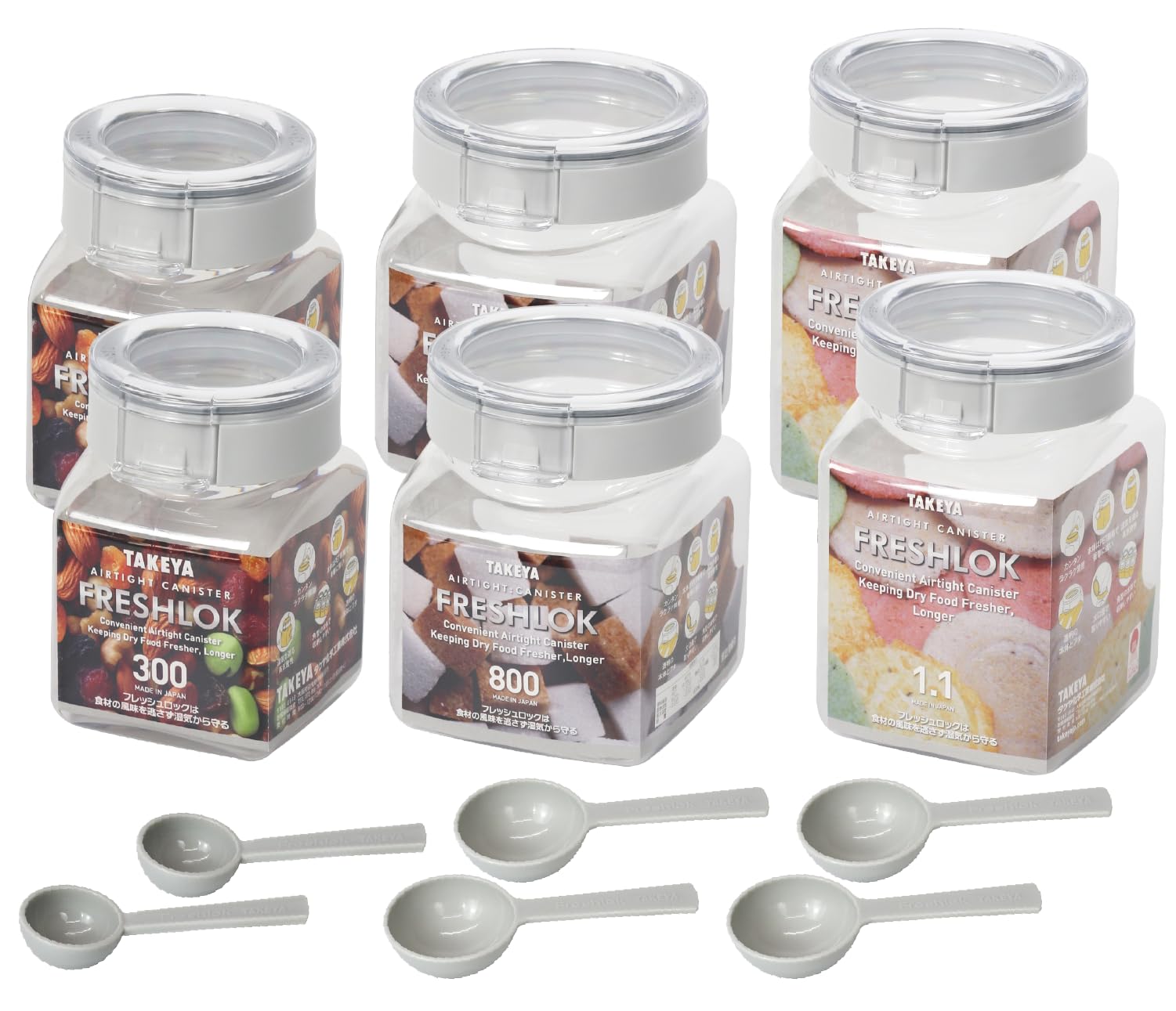 Official Takeya Original 6-Piece FRESHLOK Assorted Set A White Square Storage Containers 300ml 800ml 1100ml with Spoons Airtight Airtight Ref 8400₽