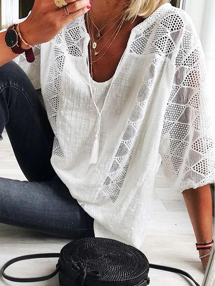 2025 European & American Lace U-Neck Loose Fit Three-Quarter Sleeve Top