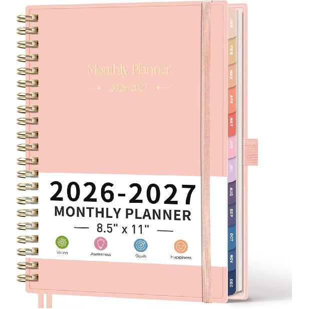 RETTACY 2026-2027 Monthly Planner, Jan 2026 - Dec 2027, Large Size (8.5" x 11"), Agenda, Calendar, 24 Month Tabs, Flexible Plastic Cover, 100 GSM