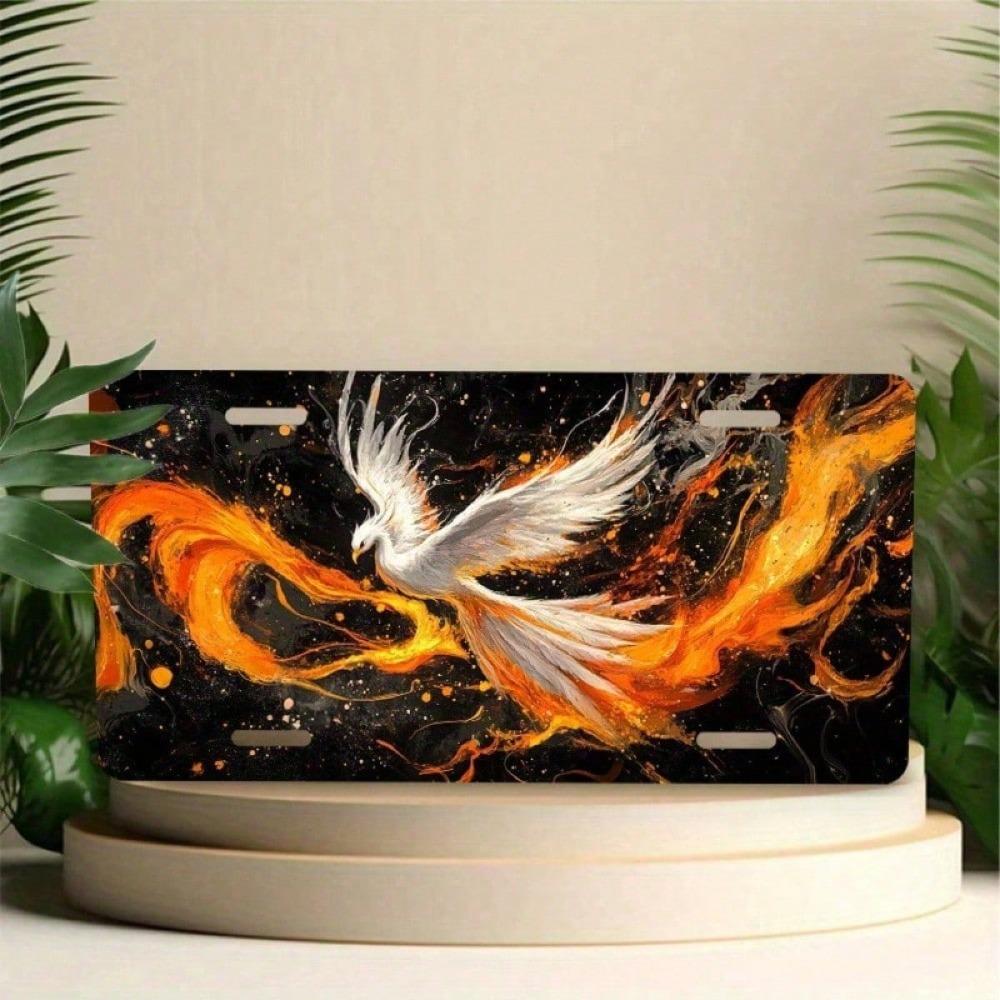 2D Flat Flame Phoenix License Plate Frame, Waterproof Aluminum Front Car Tag Cover, 5.9x11.8in Mythical Decorative E