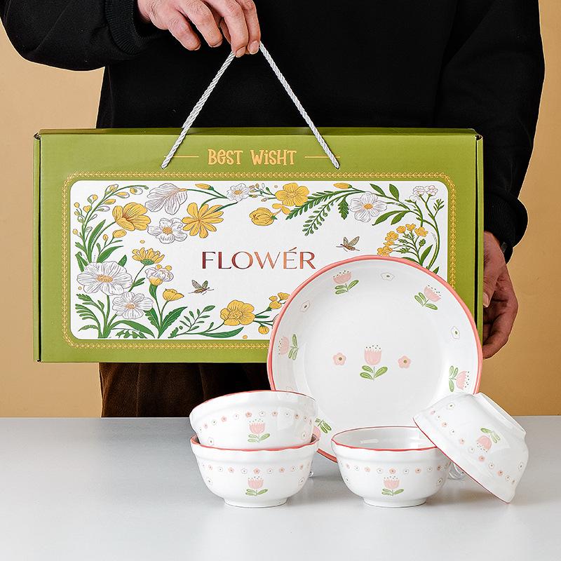 Tulip Ceramic Tableware Set: Includes Bowl, Plate, and Spoon for Housewarming or Wedding Gift.