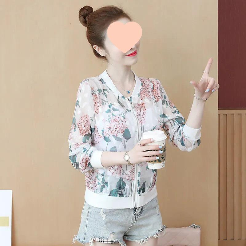 Chiffon Long Sleeve Sun Protection Jacket for Women - Middle-aged Casual Plus Size Printed Cardigan Outerwear 2XL