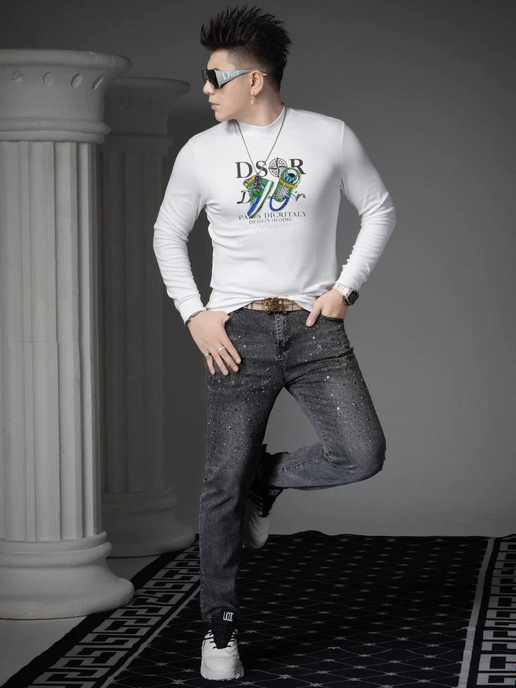 Ozhouzhan 2025 Autumn New Half-high Collar Men's T-shirt Trendy Casual Print Top Long sleeve Bottoming Shirt Men