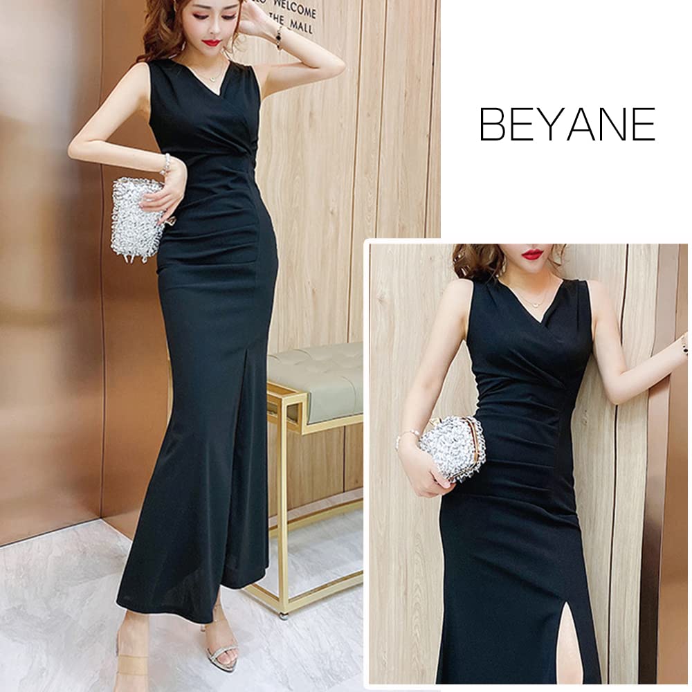 BEYANE Mermaid Slit Long Cabaret Stretch Casual Work Midi Ladies Lined Cabaret Long Maxi Corset Halter V-Neck Dress, Women's Dress, Dress, Club,