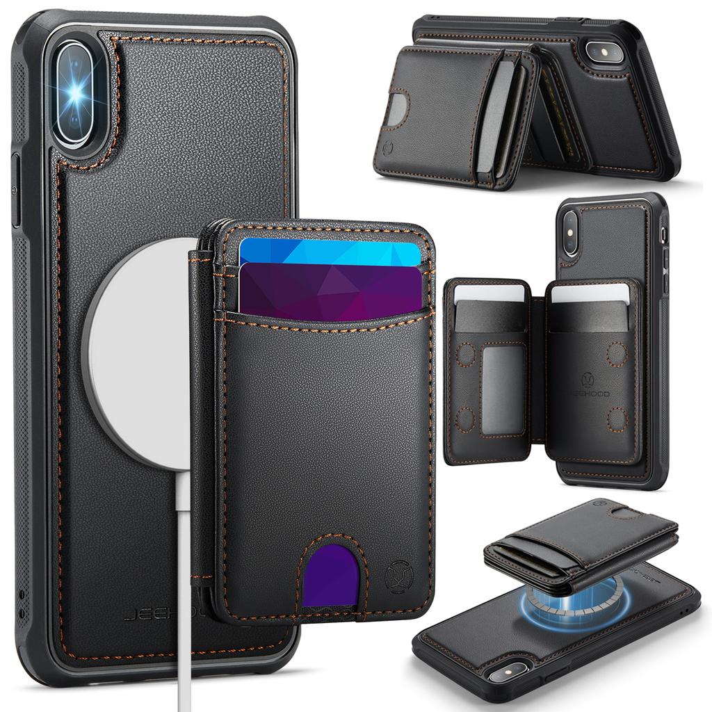 For iPhone XS 5.8 inch/iPhone X Case JEEHOOD J10  Compatible with MagSafe Leather Back Phone Cover with Detachable Card Holder Kickstand