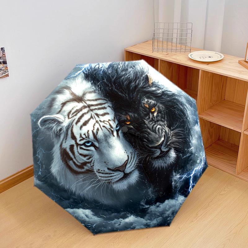 1 PC Automatic Folding Umbrella - Yin Yang Tiger Lion Pattern, Portable & Foldable Design with 8 Ribs, Christmas Birthday Gifts