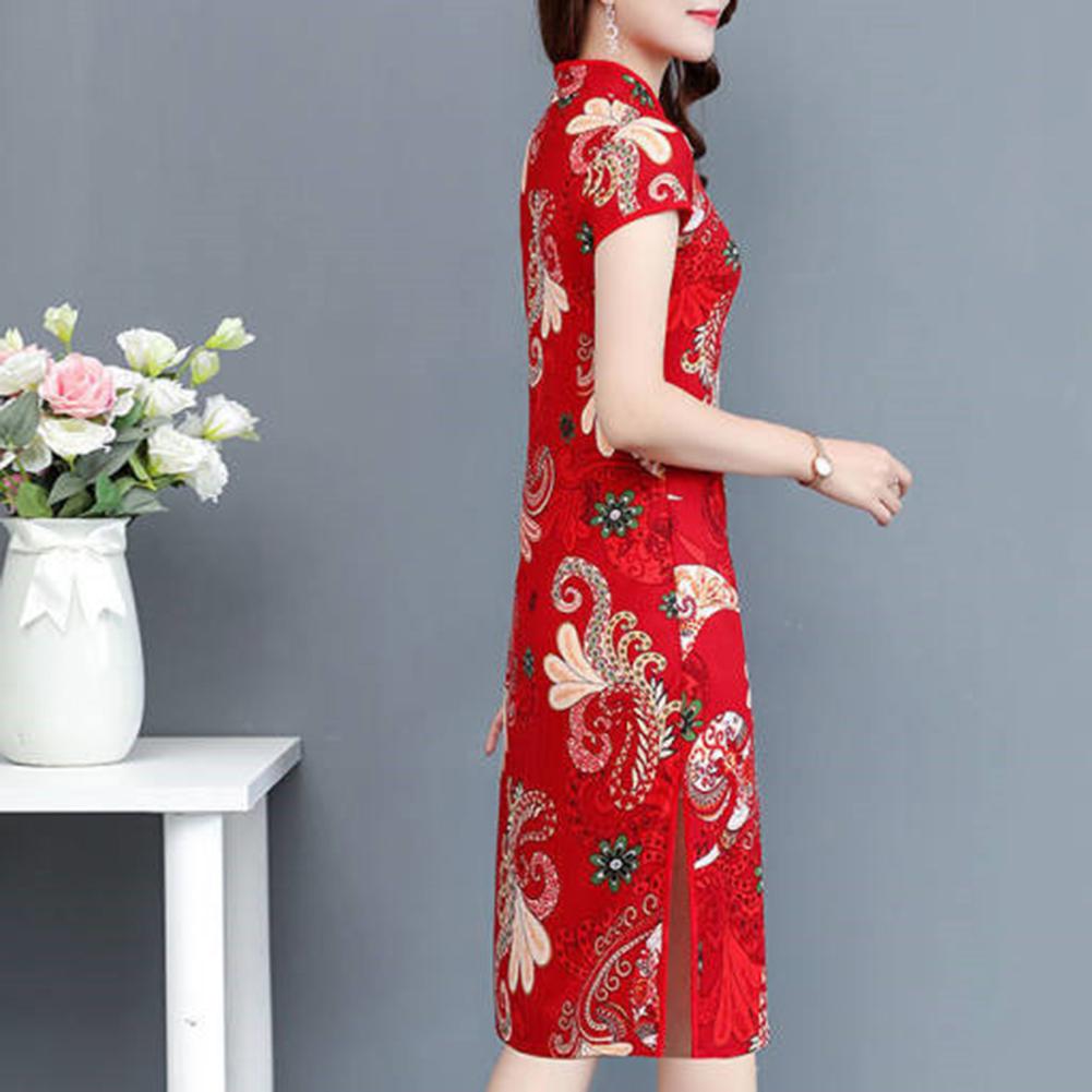 Chinese Qipao Long Dress Chinese Style Flower Printed M-5XL