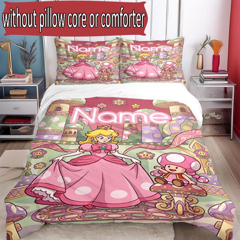3pcs Duvet Cover Set (1*Duvet Cover + 2*Pillowcase, Without Core), Custom Name Princess Peach Toadstool Pattern Bedding Set, Home Bedroom Decor Gift