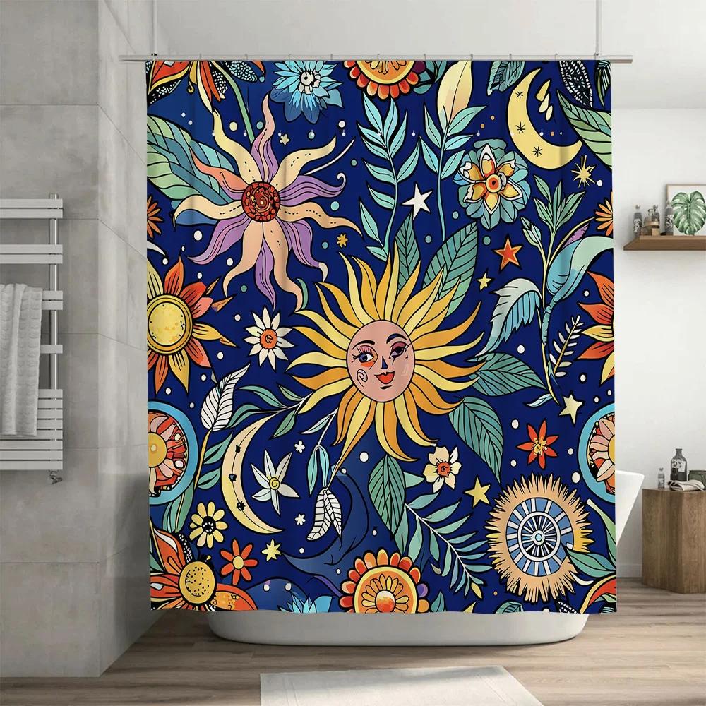 Colorful Sunflower Blue Shower Curtain for Bathroom Decor Floral Print Fabric Waterproof Bath Mat Cover